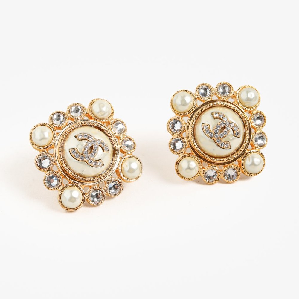 Chanel Gold-Tone Crystal and Pearl Rhinestones Squared Halo Stud Earrings